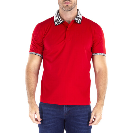Greek Key Collar & Trim Solid Red Polo Shirt // Red (XS)