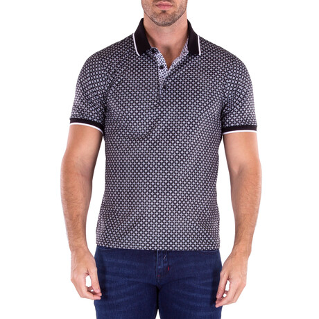 Black Large Pattern Half Button Polo Shirt // Black (XS)