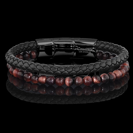 Red Tiger Eye Stone + Layered Leather Cuff Bracelet // Red + Black