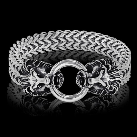 Lion Heads Double Row Franco Chain Bracelet // Silver