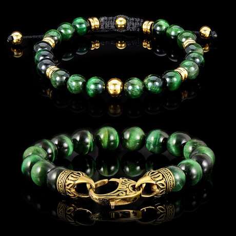 Green Tiger Eye Stone Adjustable + Gold Plated Steel Clasp Bracelets // Silver