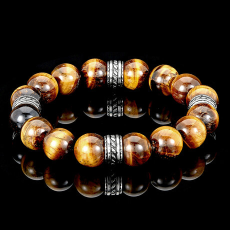 Tiger Eye Stones + Stainless Steel Bead Accents Stretch Bracelet // Brown