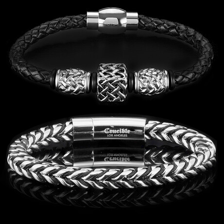 Polished Steel Franco + Leather Cuff Bracelets // Black + Silver