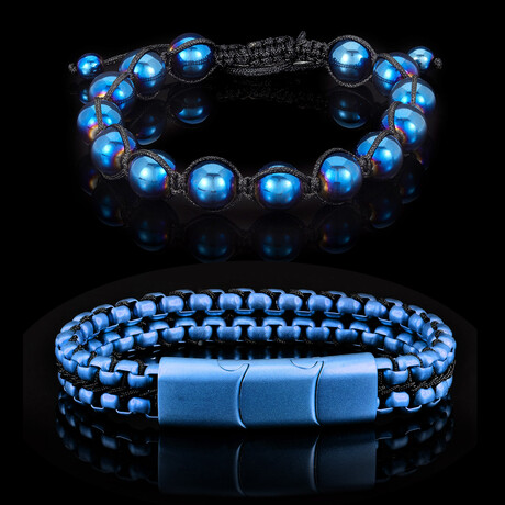 Blue Plated Hematite Adjustable + Blue Steel Cuff Box Chain Bracelets // Blue + Black
