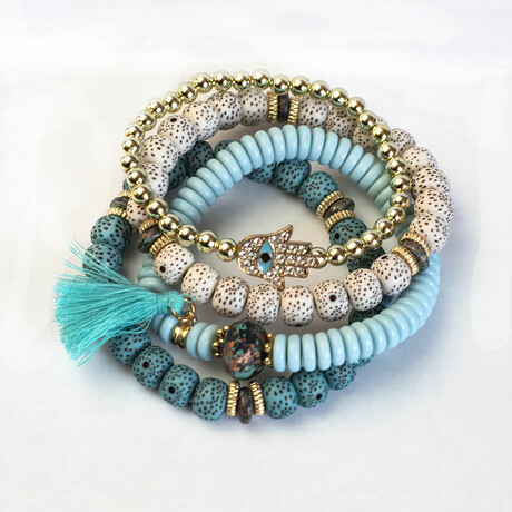 Jean Claude Jewelry // Set of 4 // Acrylic Beads + Crystal Man-made Glass + Stone + Alloy Bracelet // Multicolor