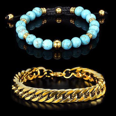 Turquoise Stone + Curb Chain Bracelets // 2 Piece Set  // 8"