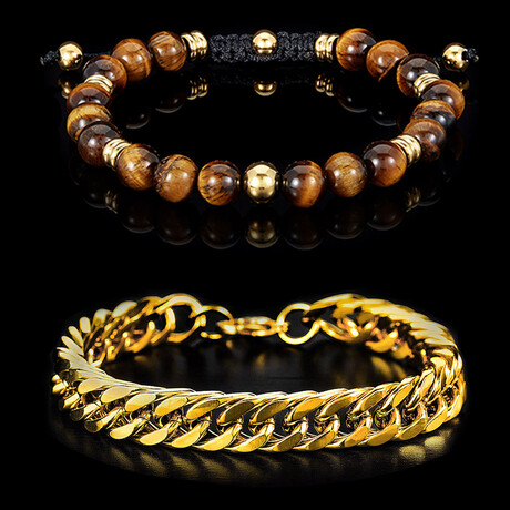 Tiger Eye Stone + Curb Chain Bracelets // 2 Piece Set  // 8"