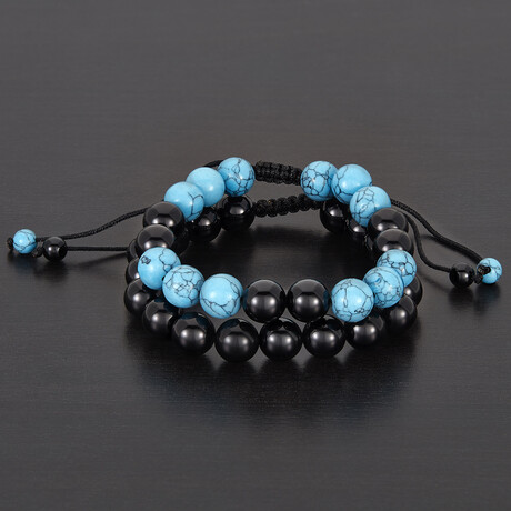 Turquoise + Onyx Stones Bead Adjustable Bracelets // Set of 2 // 8"