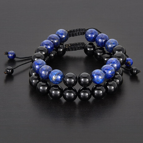 Lapis Lazuli + Onyx Stones Bead Adjustable Bracelets // Set of 2 // 8"