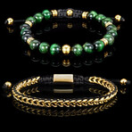 Green Tiger Eye Stone + Adjustable Franco Chain Bracelets // 2 Piece Set  // 8"