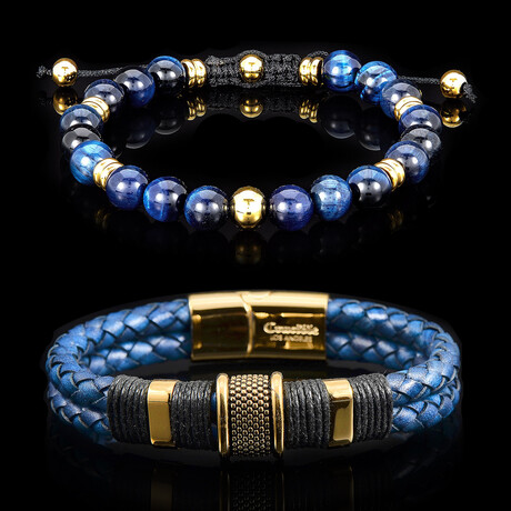 Blue Tiger Eye with Blue Leather Bracelets // 2 Piece Set  // 8.5"