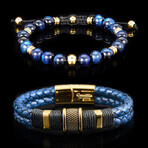Blue Tiger Eye with Blue Leather Bracelets // 2 Piece Set  // 8.5"