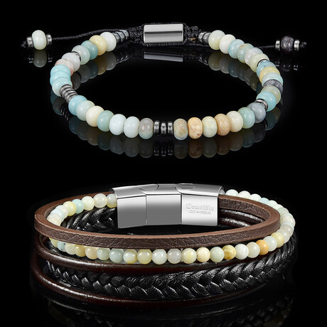 Amazonite Stone Adjustable + Leather Cuff Bracelets // 2 Piece Set  // 8.5"