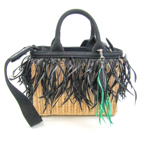 Prada // Leather + Bamboo + Canvas + Feather MIDOLLINO PIUME Handbag // Beige + Brown // Pre-Owned