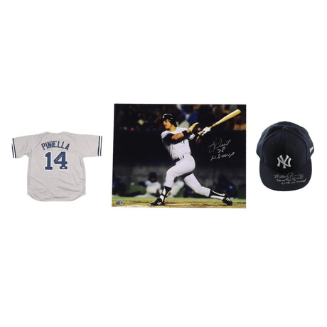 Lou Piniella Signed Jersey (JSA) , Mikey Rivers Signed Yankees New Era Fitted Baseball Hat Inscribed "Mick the Quick" & "77-78 WS Champs" (Beckett), ,Bucky Dent Signed Yankees 11x14 Photo Inscribe "78 W.S. MVP" (CX By Steiner)