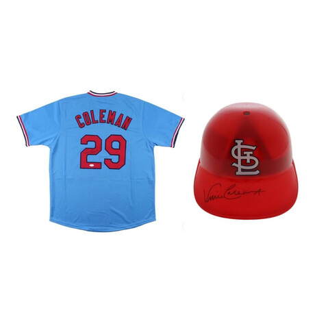 Vince Coleman Signed Cardinals Jersey (JSA), Vince Coleman Signed Cardinals Full-Size Batting Helmet (Schwartz Sports)