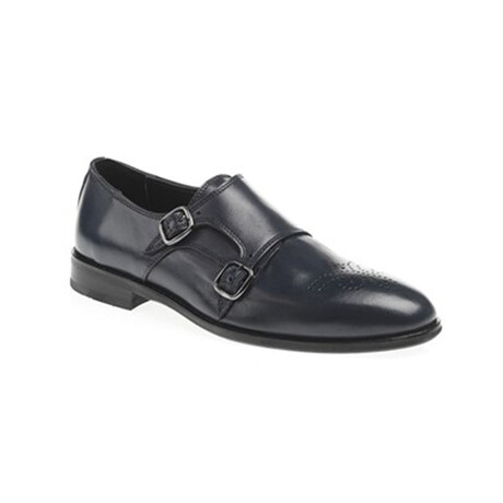 Leather Double Monk Strap Brogue Loafers // Navy Blue (Euro: 39)