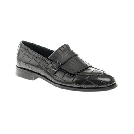 Leather Fringed Crocodile Pattern Loafers // Black (Euro: 39)