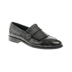Leather Fringed Crocodile Pattern Loafers // Black (Euro: 43)