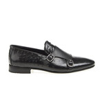 Leather Double Monk Strap Ostrich Pattern Loafers // Black (Euro: 44)