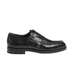 Leather Double Monk Strap Crocodile Pattern Loafers // Black (Euro: 44)