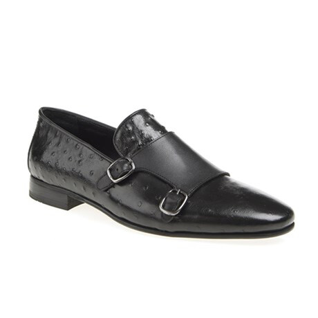 Leather Double Monk Strap Ostrich Pattern Loafers // Black (Euro: 39)