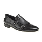 Leather Double Monk Strap Ostrich Pattern Loafers // Black (Euro: 41)