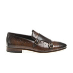 Leather Double Monk Strap Ostrich Pattern Loafers // Brown (Euro: 40)