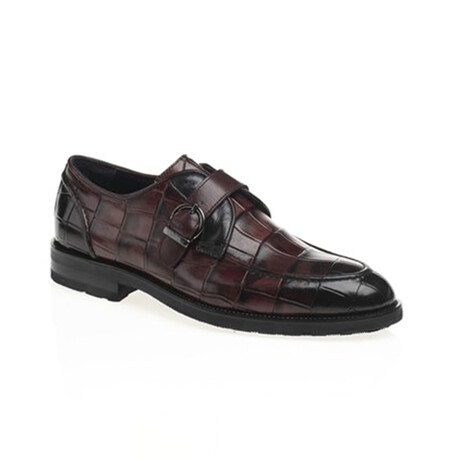 Leather Buckled Crocodile Pattern Loafers // Burgundy (Euro: 39)