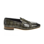 Leather Double Monk Strap Crocodile Pattern Loafers // Green (Euro: 44)