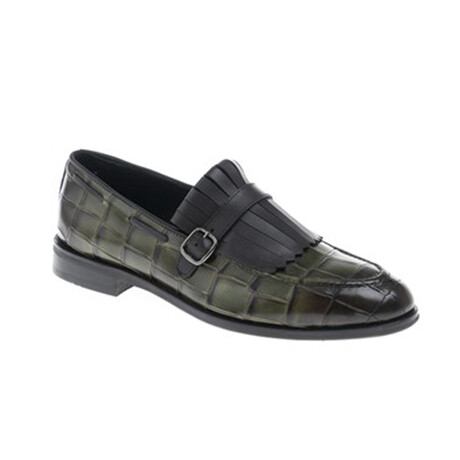 Leather Fringed Crocodile Pattern Loafers // Green (Euro: 39)