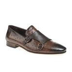 Leather Double Monk Strap Ostrich Pattern Loafers // Brown (Euro: 44)