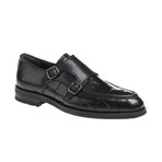 Leather Double Monk Strap Crocodile Pattern Loafers // Black (Euro: 41)