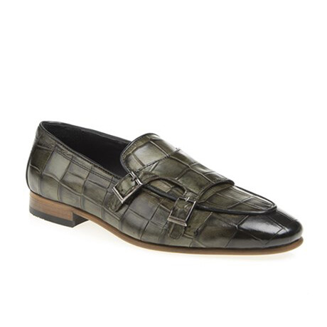 Leather Double Monk Strap Crocodile Pattern Loafers // Green (Euro: 39)