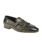 Leather Double Monk Strap Crocodile Pattern Loafers // Green (Euro: 43)