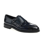Leather Double Monk Strap Crocodile Pattern Loafers // Navy Blue (Euro: 40)