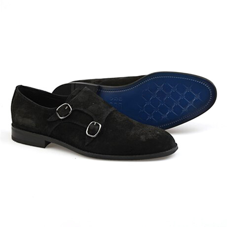 Leather Suede Double Monk Strap Brogue Loafers // Black (Euro: 39)