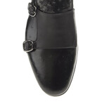 Leather Double Monk Strap Ostrich Pattern Loafers // Black (Euro: 40)