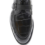 Leather Buckled Crocodile Pattern Loafers // Black (Euro: 42)