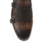 Leather Double Monk Strap Ostrich Pattern Loafers // Brown (Euro: 40)