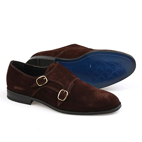 Leather Suede Double Monk Strap Brogue Loafers // Brown (Euro: 39)