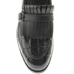 Leather Fringed Crocodile Pattern Loafers // Black (Euro: 42)