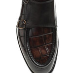 Leather Double Monk Strap Crocodile Pattern Loafers // Brown (Euro: 41)