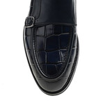 Leather Double Monk Strap Crocodile Pattern Loafers // Navy Blue (Euro: 39)