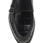 Leather Double Monk Strap Crocodile Pattern Loafers // Black (Euro: 41)