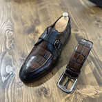 Leather Buckled Crocodile Pattern Loafers // Light Brown (Euro: 40)