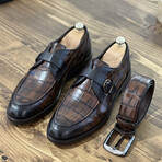 Leather Buckled Crocodile Pattern Loafers // Light Brown (Euro: 45)