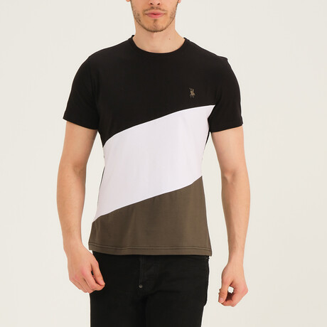 Crewneck Blocked T-Shirt // Black + White + Brown (S)