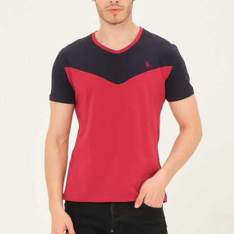 V-Neck V-Blocked T-Shirt // Navy + Red (S)