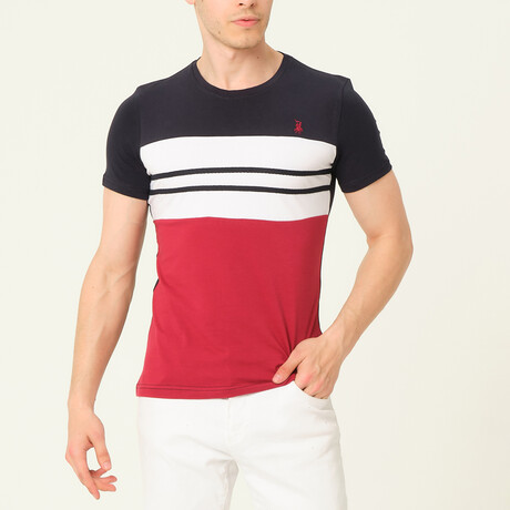 Crewneck Blocked Striped T-Shirt // Navy + White + Red + Black (S)